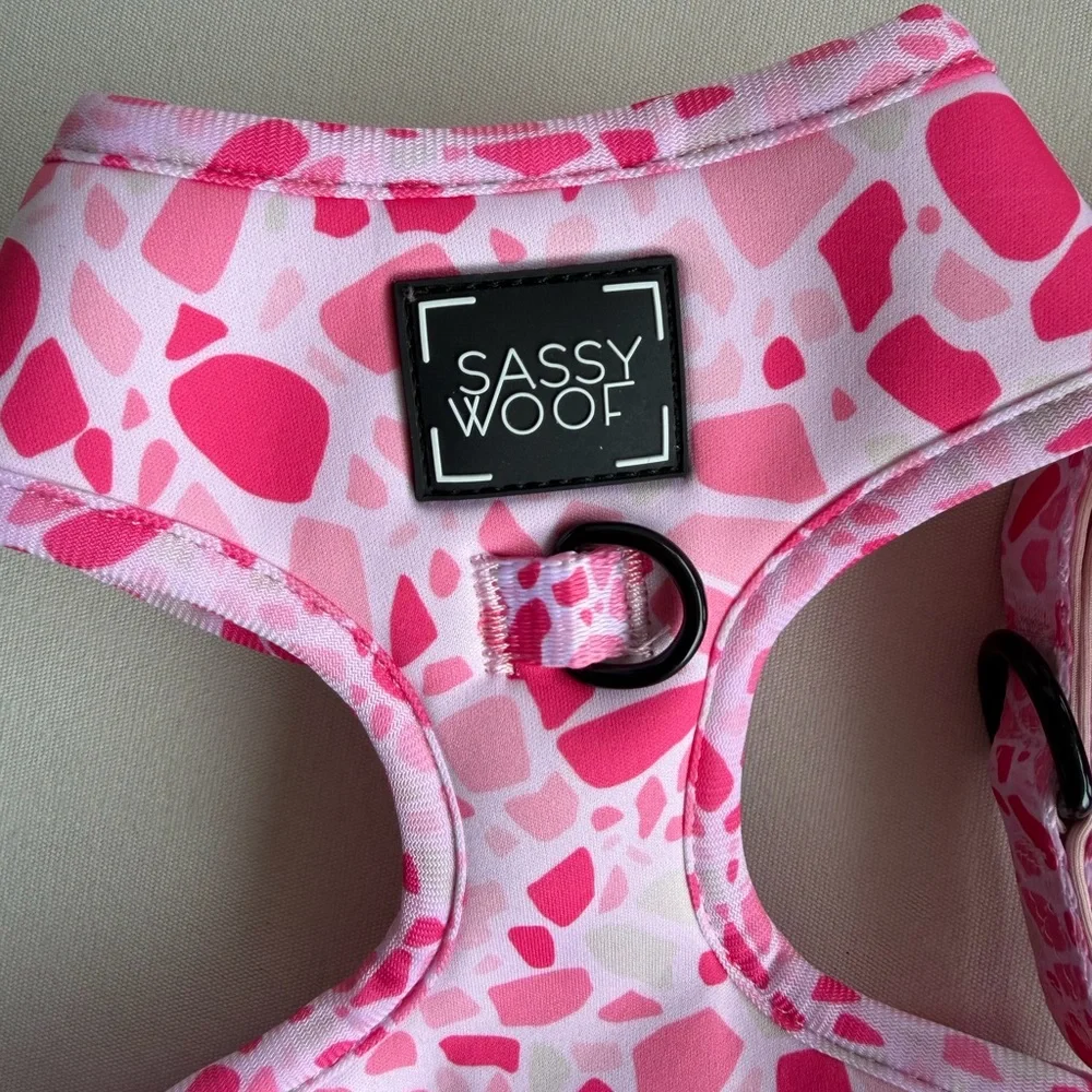 Sassy Woof Pink Terrazzo Adjustable Dog Harness & Leash Set